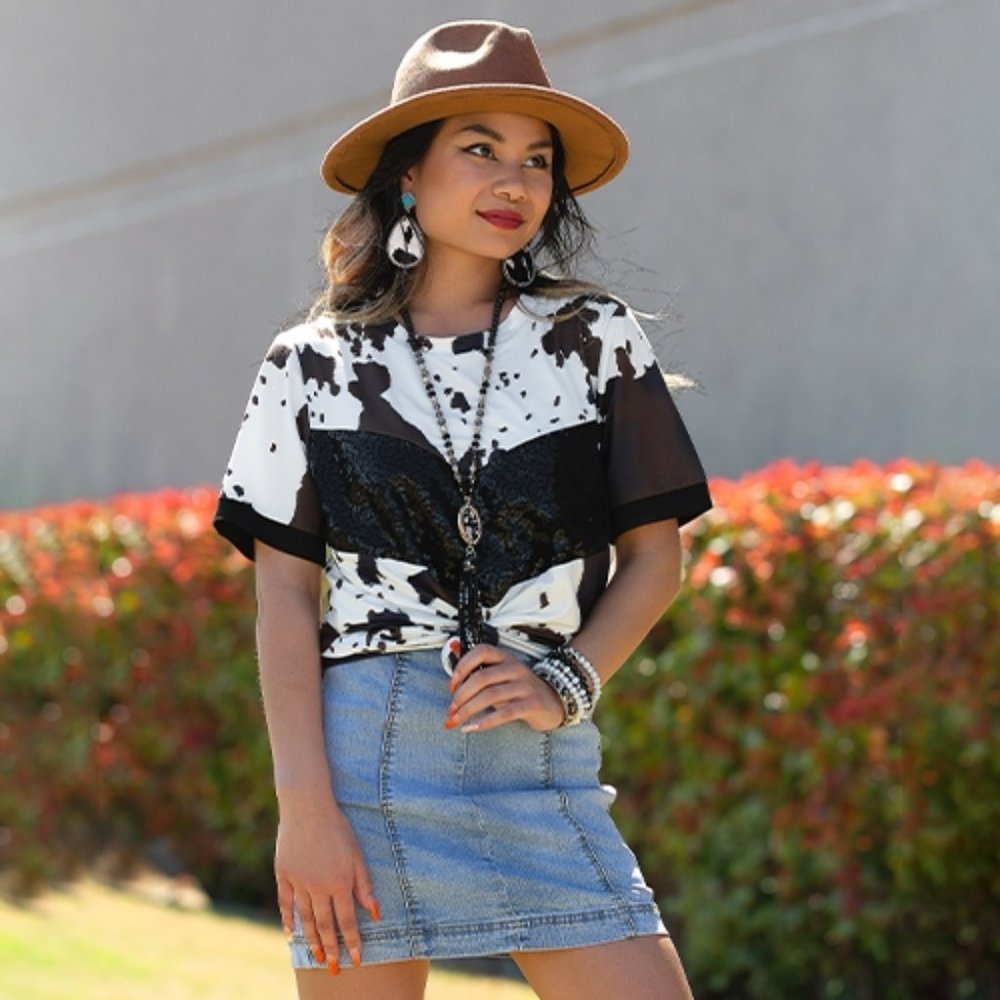 THE SEQUOYAH LADIES COWPRINT/SEQUINED  T SHIRT